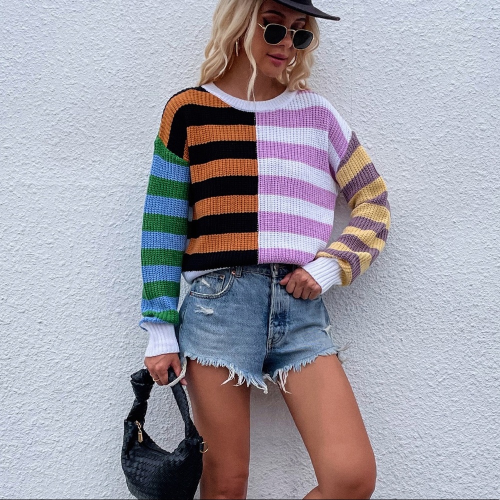 Spliced Mixed Stripes Scoop Neck Sweater - Picture 3 of 7